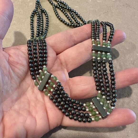 Vintage Hematite & Green Beaded Statement Necklace - Picture 2 of 10